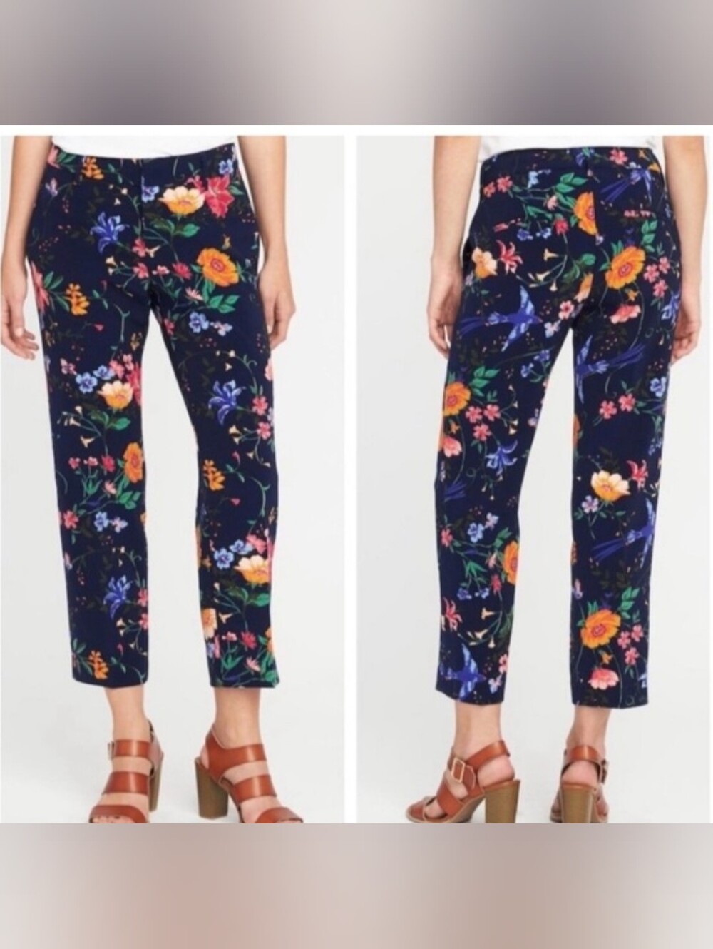 Plus Size Old Navy Harper Mid-Rise Navy Floral/Bird Print Cropped Pants